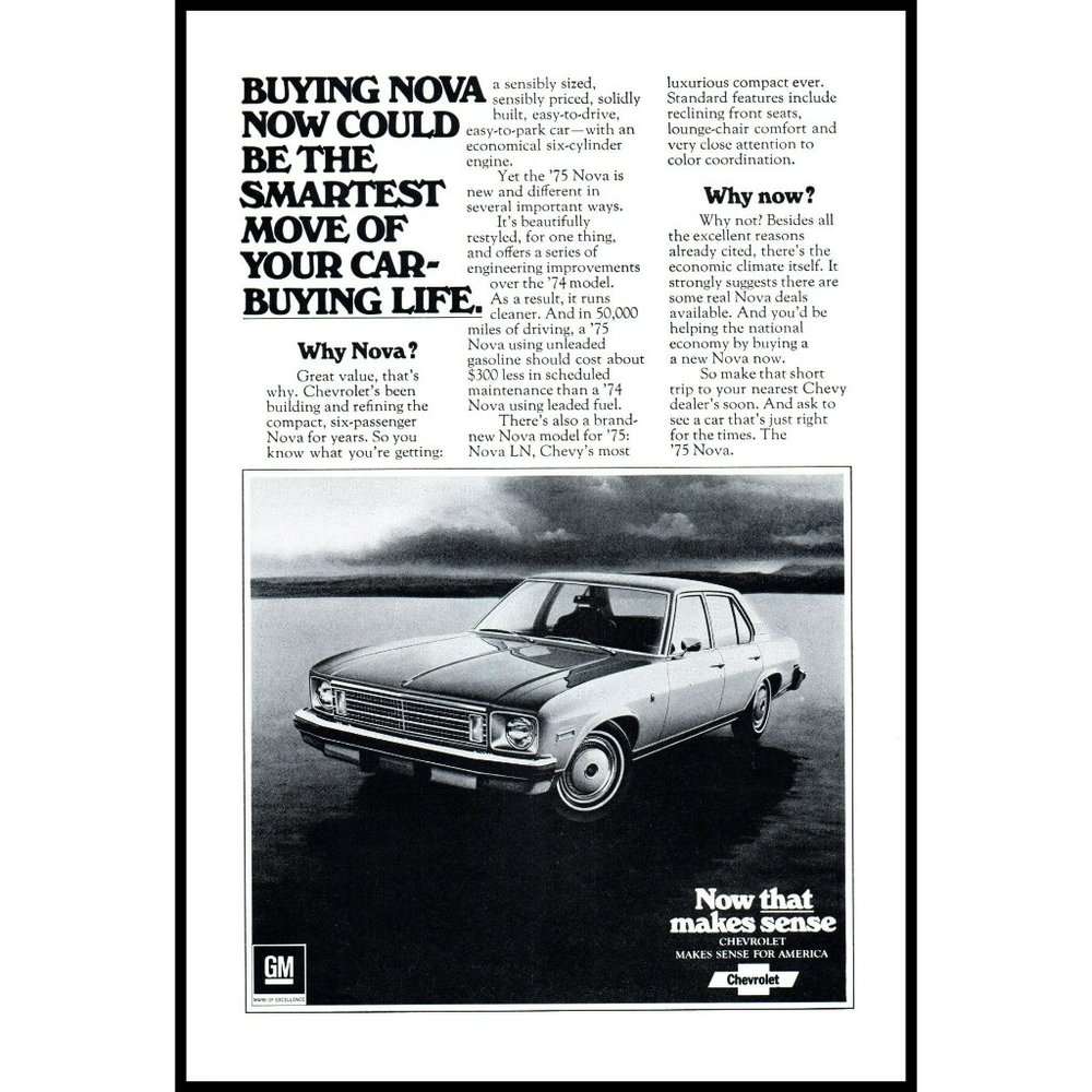 1975 Chevy Nova Sedan Makes Sense Vintage Print Ad Classic Car Wall Art Decor